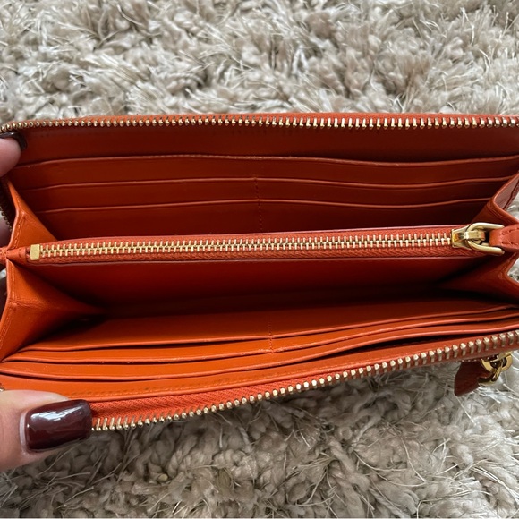 Prada Saffiano Long Continental Zip Wallet Orange Leather Gold Logo - Picture 12 of 13